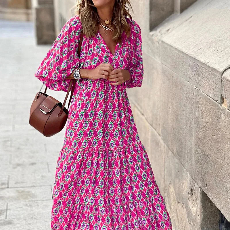 Summer Women Dresses Floral Print Ruffles Boho V-neck Puff Sleeve Casual Loose Beach Dress Half Sleeve Holiday Maxi Long Dress
