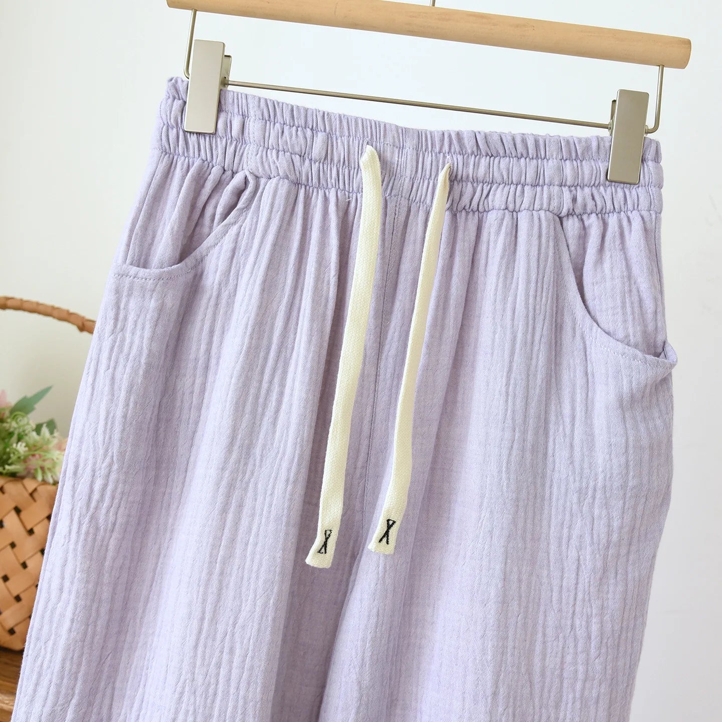 Summer Women Cotton Gauze Wide Leg Pants Casual Loose Elastic Waist Trousers with Pockets Solid Color Breathable Lounge Pants