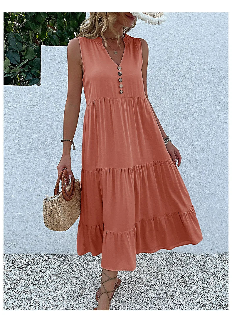 Dresses for Women 2025 Summer V-neck Single-breasted Vest Dress Sleeveless Loose Casual Solid Color Dress Vestidos De Mujer