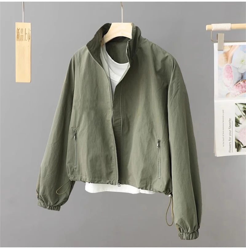 Women's Jackets New Spring Autumn Thin Cardigan Jacket Zipper Long Sleeve Simple Fashion Solid High-necked Casual Female Outwear