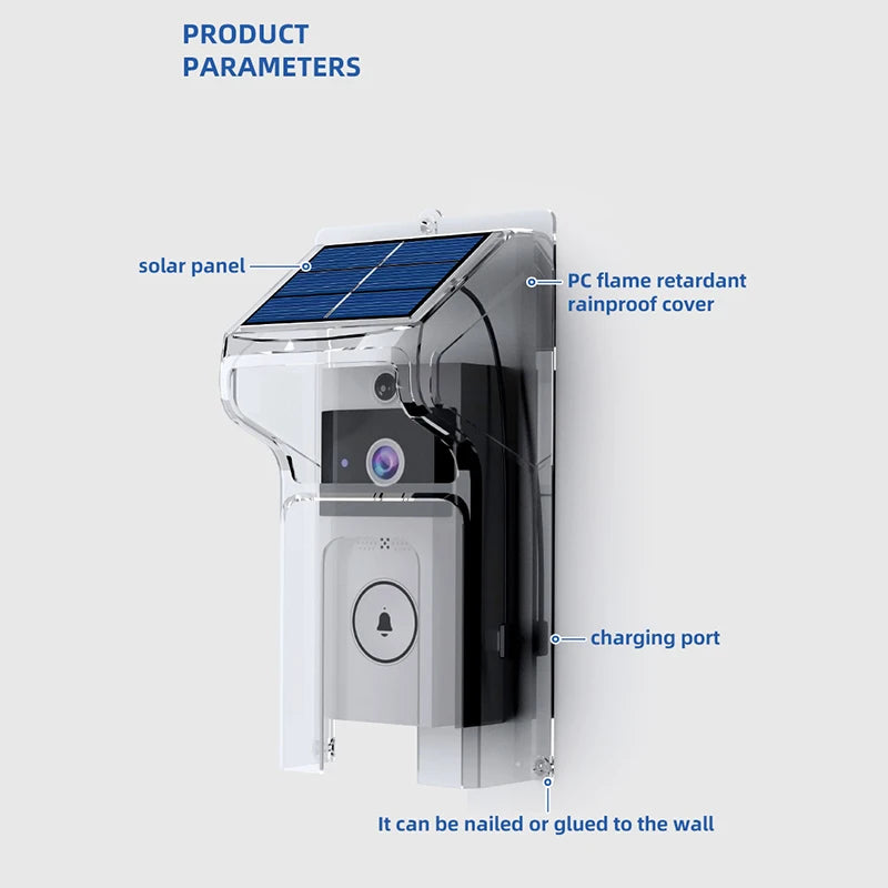 Smart Video Doorbell With Solar Charging, Wireless HD Camera, Waterproof Rain Cover, Two-Way Audio, Real-Time Mobile Monitoring