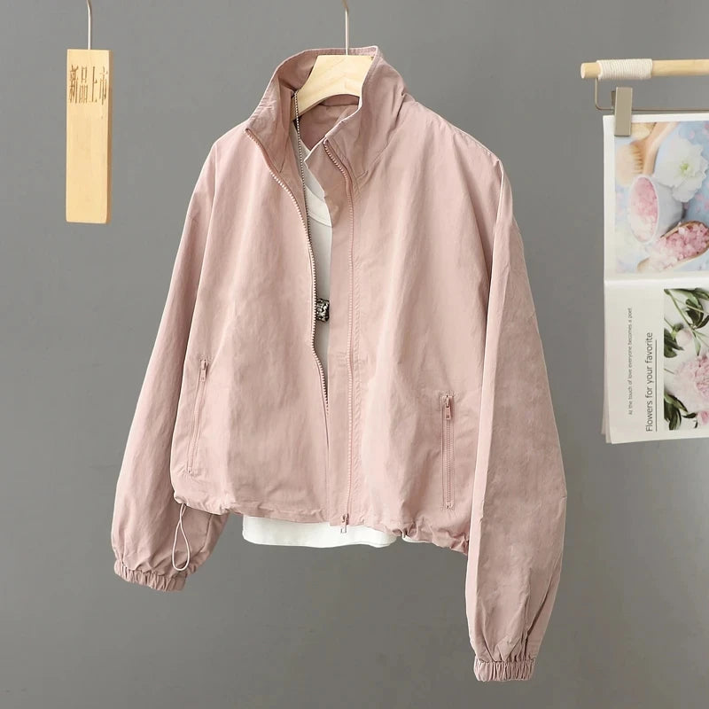 Women's Jackets New Spring Autumn Thin Cardigan Jacket Zipper Long Sleeve Simple Fashion Solid High-necked Casual Female Outwear