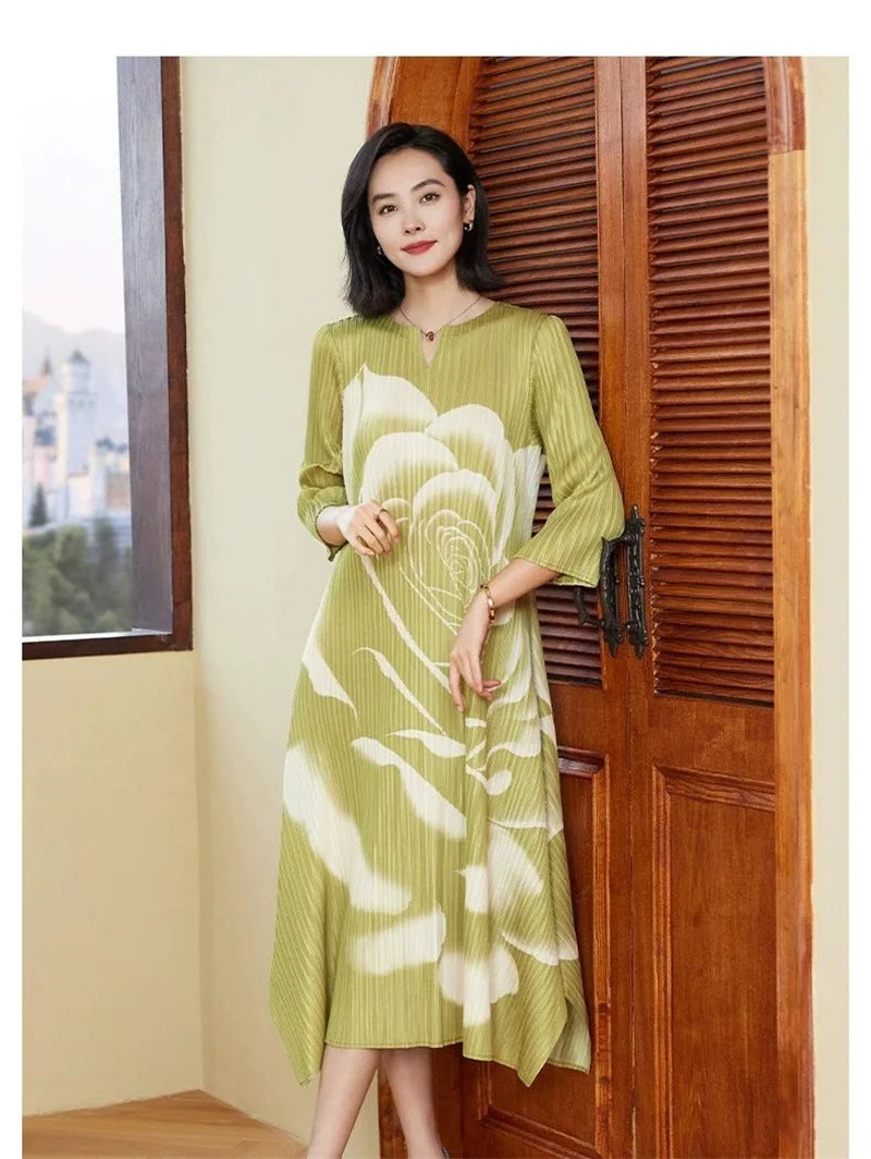 Women's Dress Womens Dresses Elegant and Peony Flower Print Cropped Sleeve Pleated Loose Dress Women's Miyake Round Neck Dress