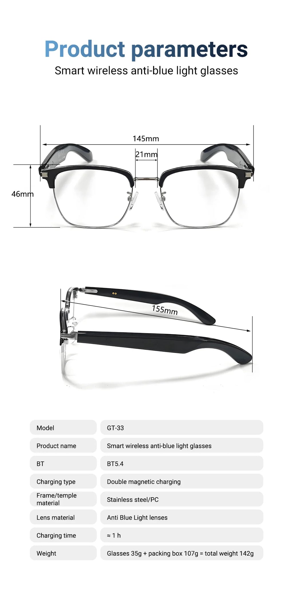 GT-33 smart glasses anti-blue light glassesTranslation Sunglasses Voice Remote Control Music Eyewear Waterproof Eyeglasses