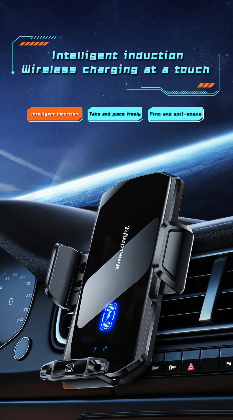 Wireless Car Phone Holder Stand 15W Fast Charge Touch Control Air Vent Phone Bracket Tempered Glass Panel for iPhone Android