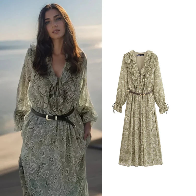 Dresses Women's 2025 New Spring Chiffon Print V-neck Chic Slim Long Dress Fashion Elegant Holiday Street Women's Dress