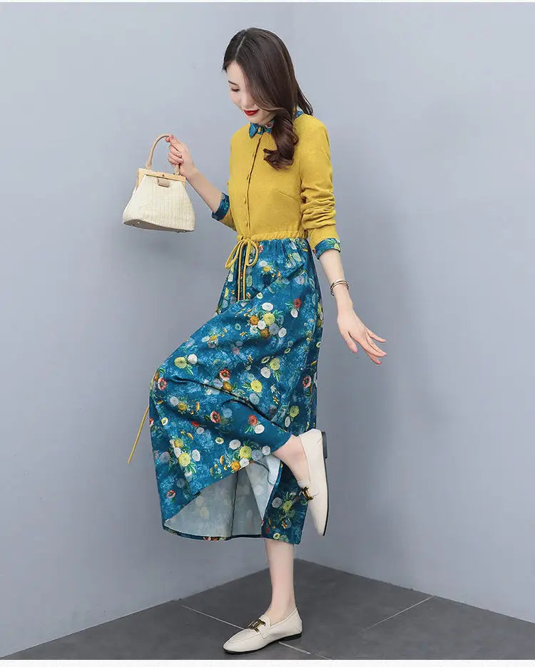 Women's Clothing Casual Printed Dresses Spring Autumn New Single-breasted Fashion Turn-down Collar Commute Drawstring Long Dress