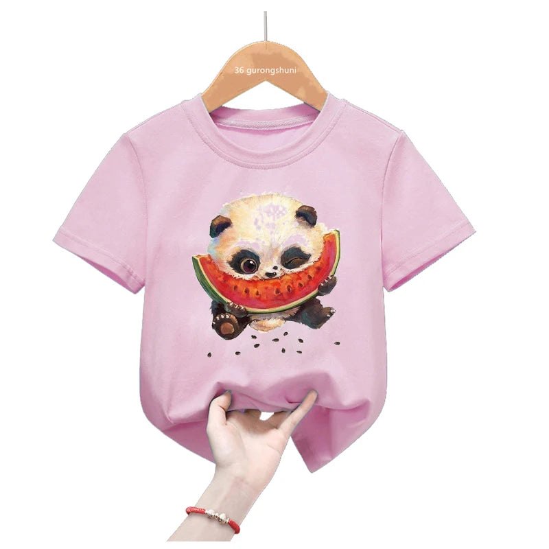 Rainbow Panda Birthday Gift Pink T Shirt Girls Harajuku Kawaii Kids Clothes Summer Fashion Tops Tee Shirt Funny T-Shirt