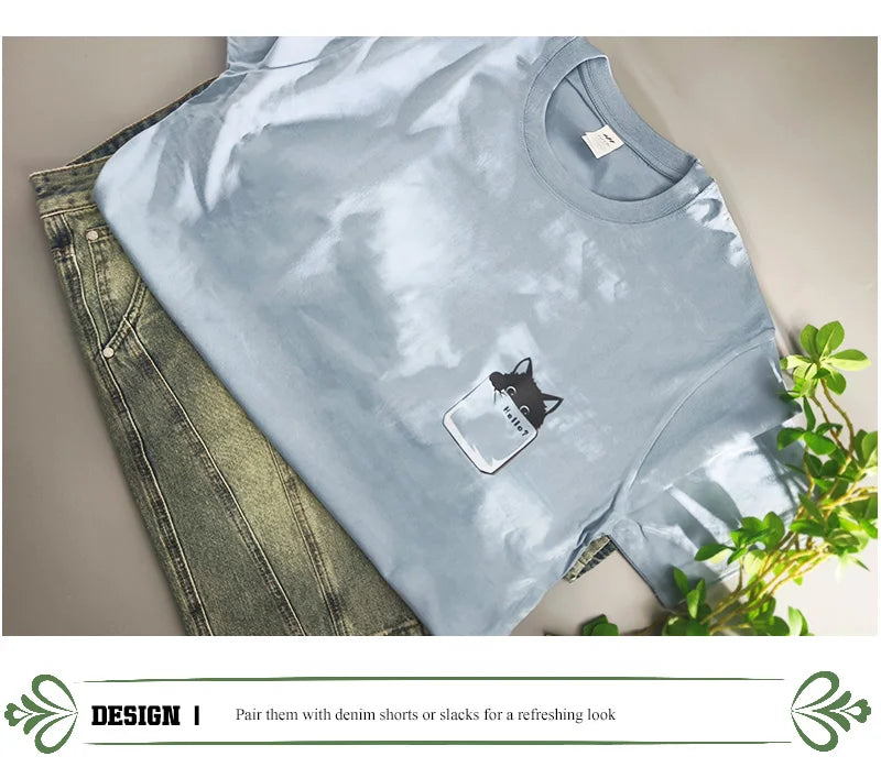 Summer New Pure Cotton Cat Printed Men T-shirts Short Sleeve Casual Solid Color Simple Thin Men Tops BOK0121