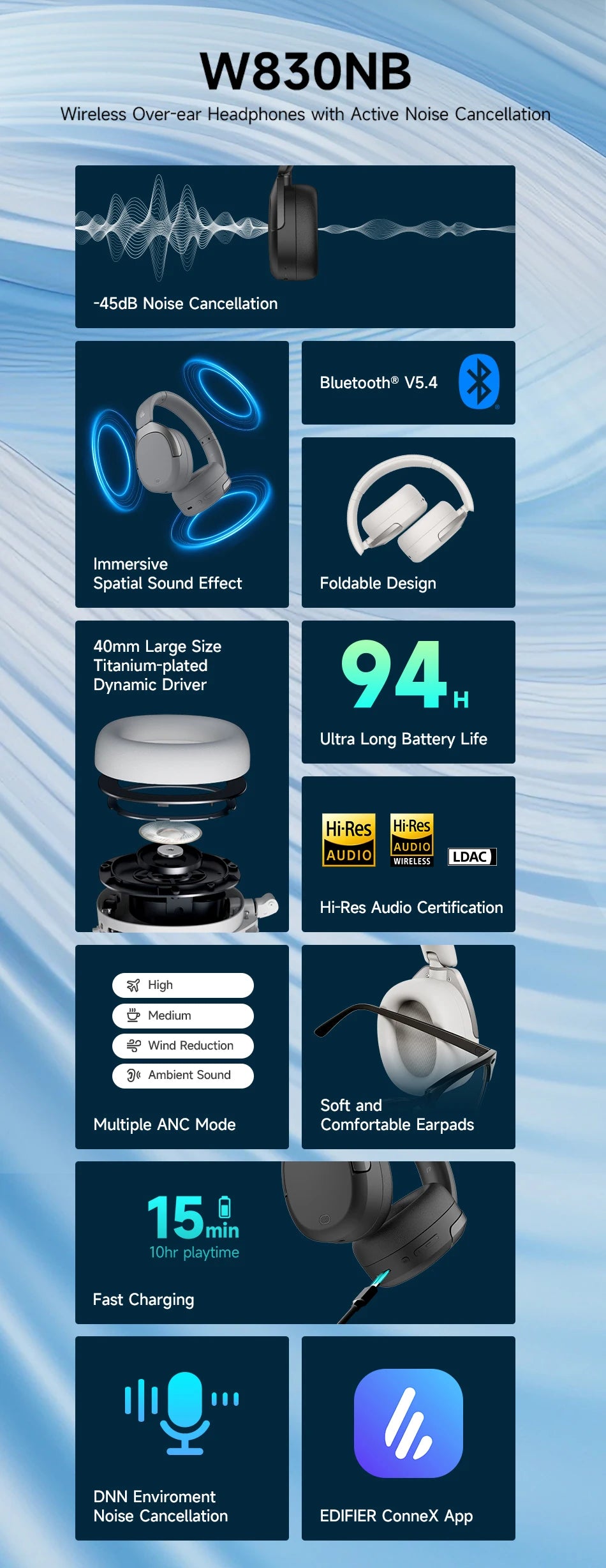 Edifier W830NB Wireless Headphones -45dB Active Noise Cancelling Hi-Res Over-Ear Headset LDAC 94H Battery Life Bluetooth 5.4