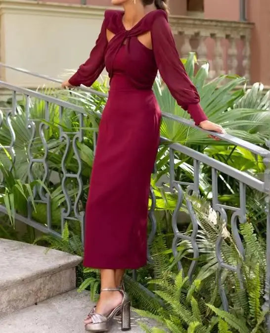 Women's Dresses Autumn Fashion Spliced Hollow Sexy Backless Solid Color Loose Long Sleeve Long Skirt Elegant Party Dress