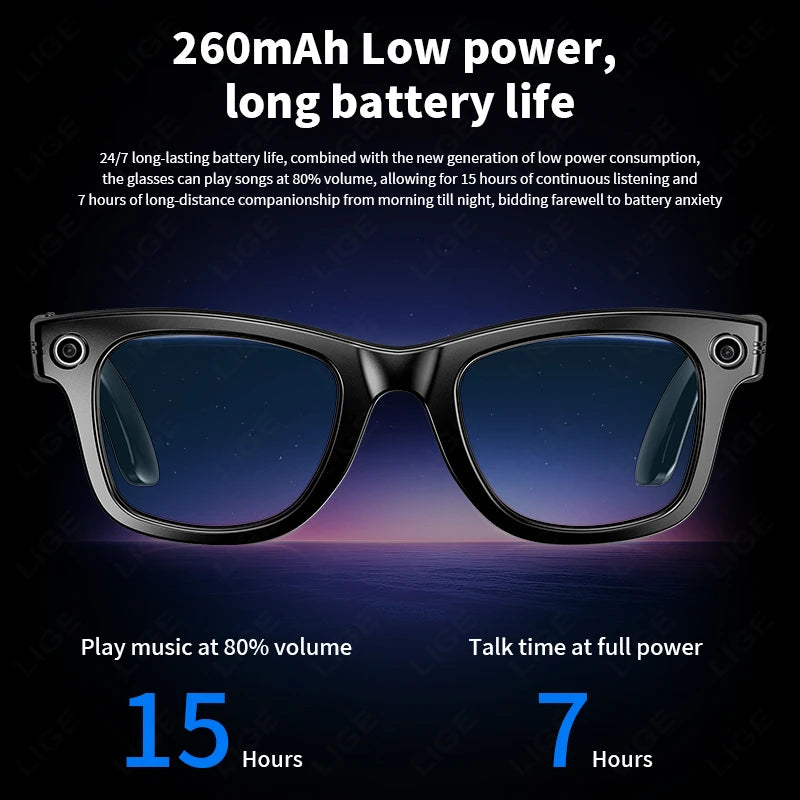 LIGE AI Smart Glasses with Camera Sunglasses 100W Camera Video Recorder Wireless Bluetooth Call Anti-blue Glasses for Man Women