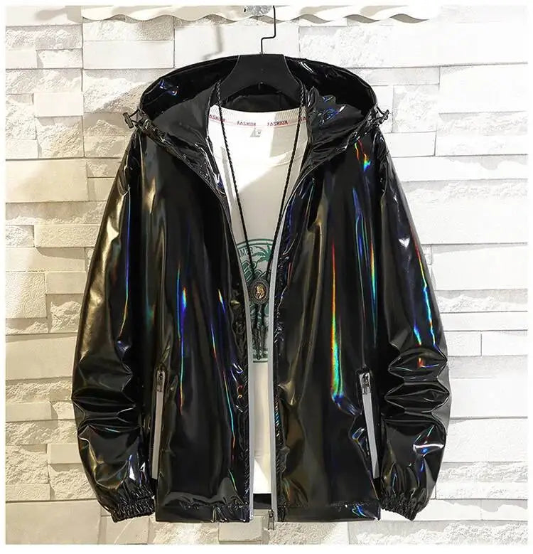 #4201 Black Sliver Shinny Jacket Men Bomber Jacket Korean Style Hip Hop Jacket Slim Men Jackets And Coats Streetwear Hooded Coat