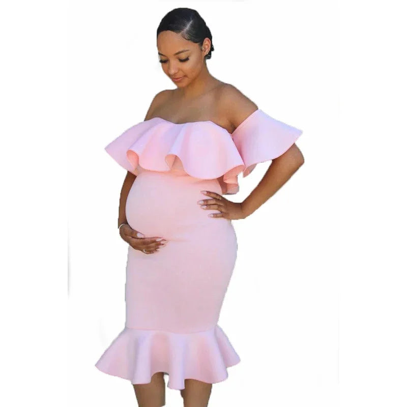 Maternity's Women Clothes Pregnancy Dresses Evening Solid Ruffles Off The Shoulder Maternity Dress Photography Summer Clothing