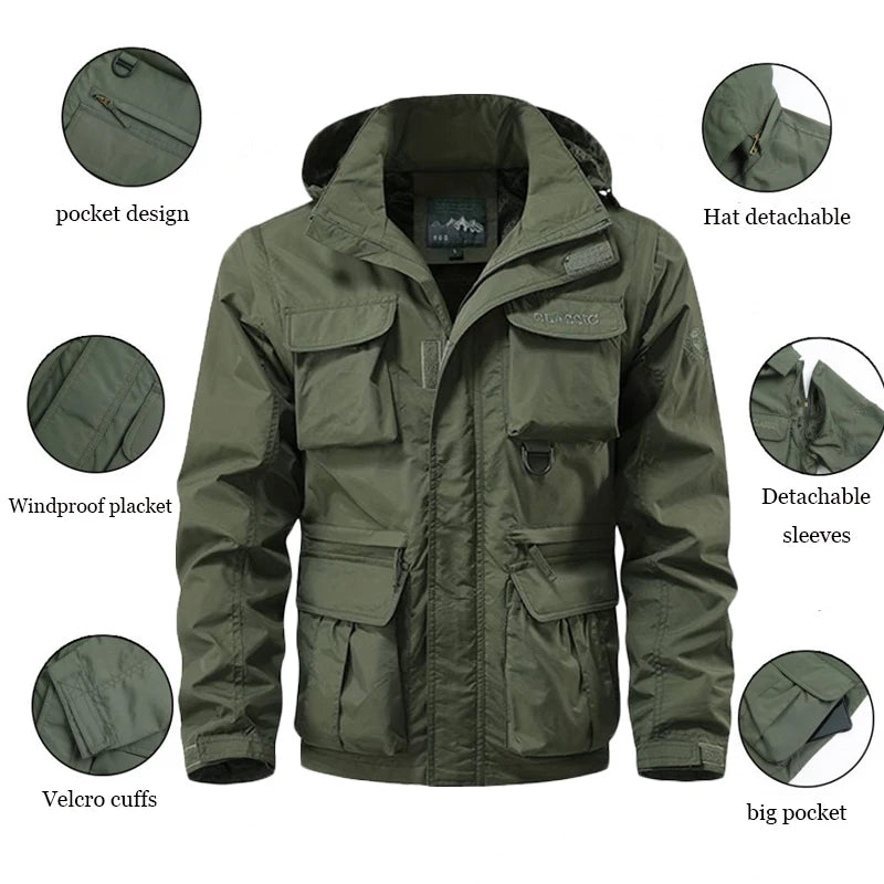 Waterproof Men Jackets Casual Work Coats Detachable Hooded Multi-Pocket Jackets Autumn Outdoor Windproof  Camping Outerwear Coat