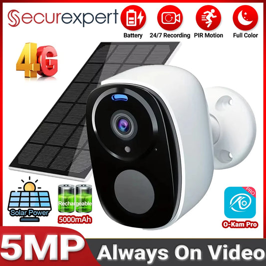 2K 5MP 4G Solar Security Camera Wireless Outdoor Color Night Vision PIR Motion Waterproof Solar/Battery Powered No WiFi Needed