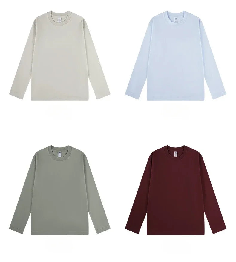 230G Men T Shirts Pure Combed Cotton Heavy Round Neck Solid Color Long-sleeved Men's T-shirt Loose Bottoming Shirt Tops For Male