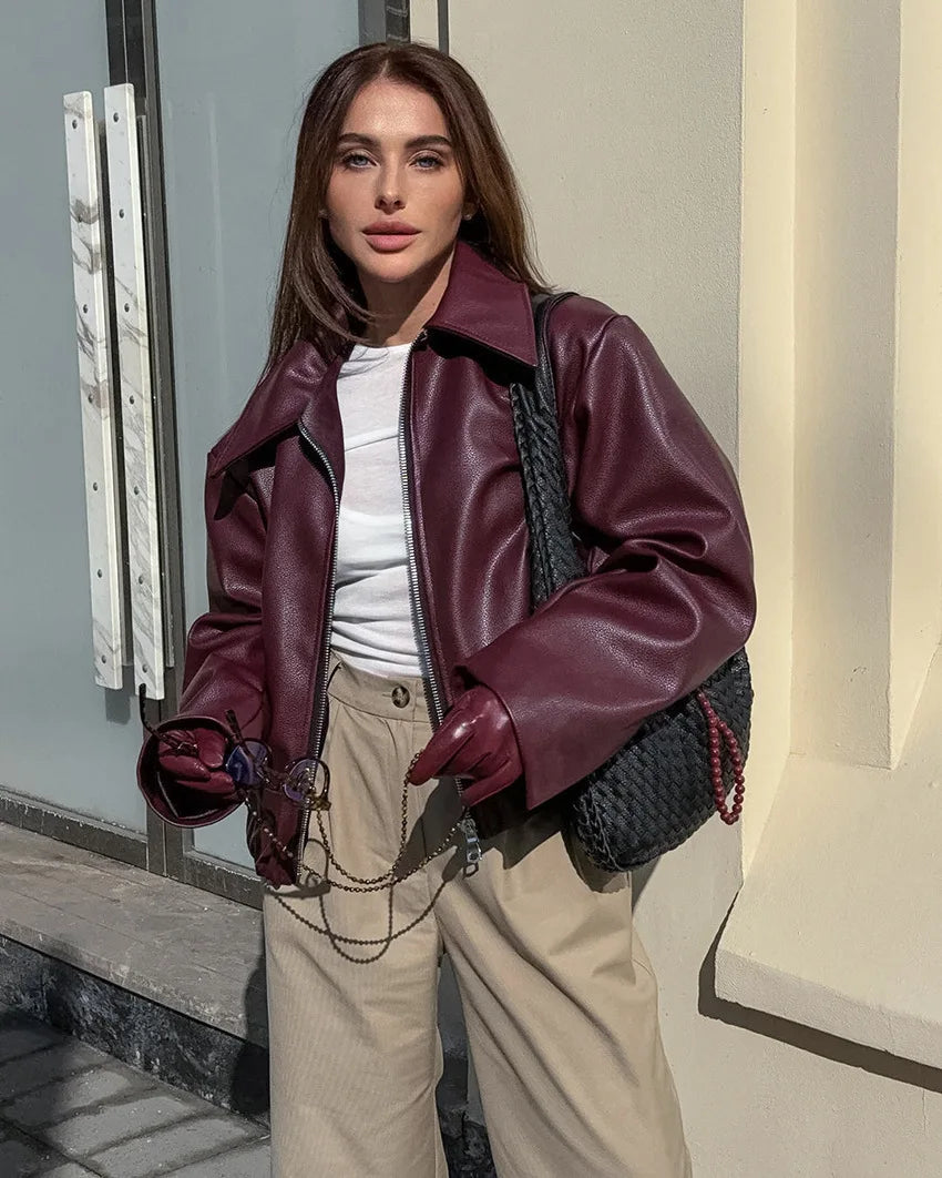 Womens Jacket Outerwears Cropped Faux Leather Jacket Autumn Long Sleeve Burgundy Bomber Jackets Casual Zipper Short Jacket