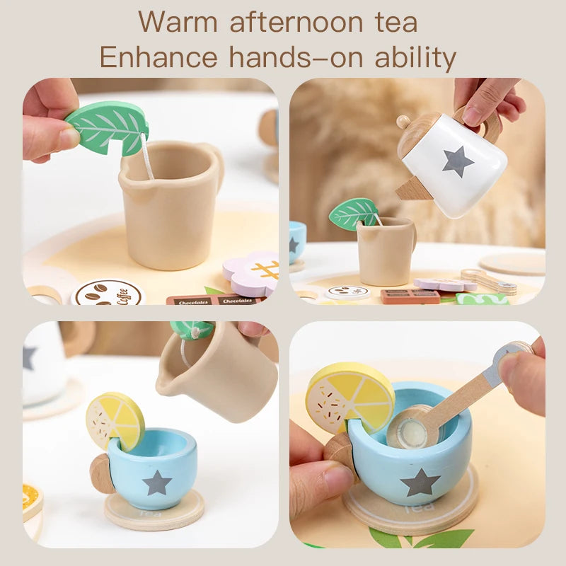 Wooden Kitchen Play Toys Kitchen Simulation Tea Set Afternoon Tea Activity Games Pretend Play Kitchen Accessories Toy for Kids