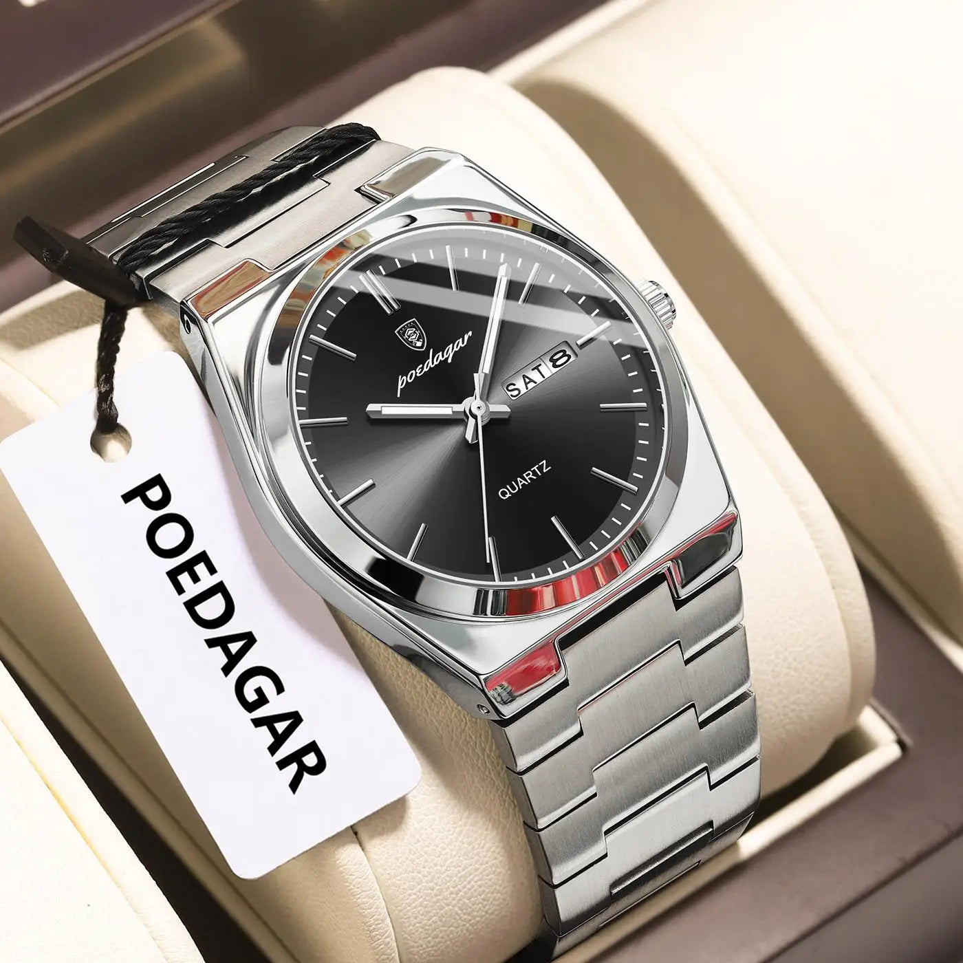 POEDAGAR Luxury Men Watch Stainless Steel Waterproof Luminous Man Wristwatch Date Week Fashion Casual Men's Watches Quartz Reloj