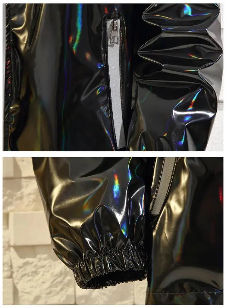 #4201 Black Sliver Shinny Jacket Men Bomber Jacket Korean Style Hip Hop Jacket Slim Men Jackets And Coats Streetwear Hooded Coat