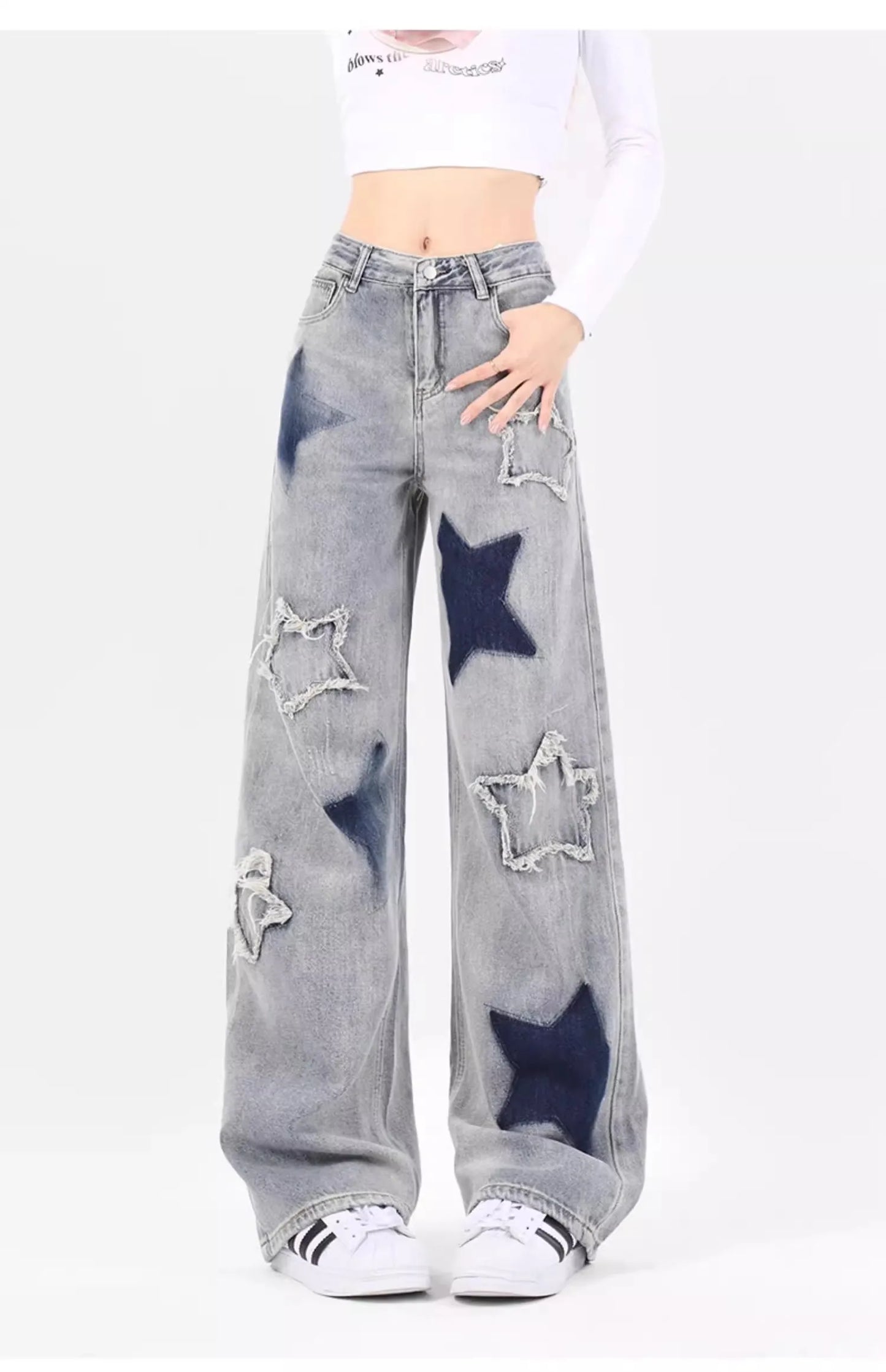 Women's Jeans American Vintage Star Embroidery Casual Denim Trousers Y2K Design Sense Denim High Street Loose Straight Leg Pants
