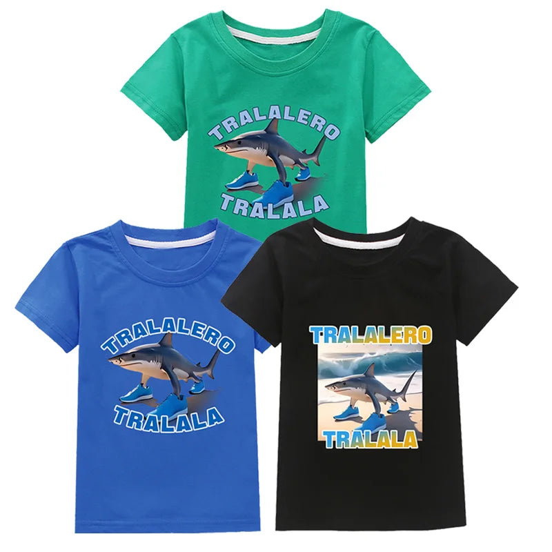 Tralalero Tralala Funny Shark Meme Kids Clothes Summer Boys Short Sleeve Outerwear Girls Casual T Shirt Children Clothes