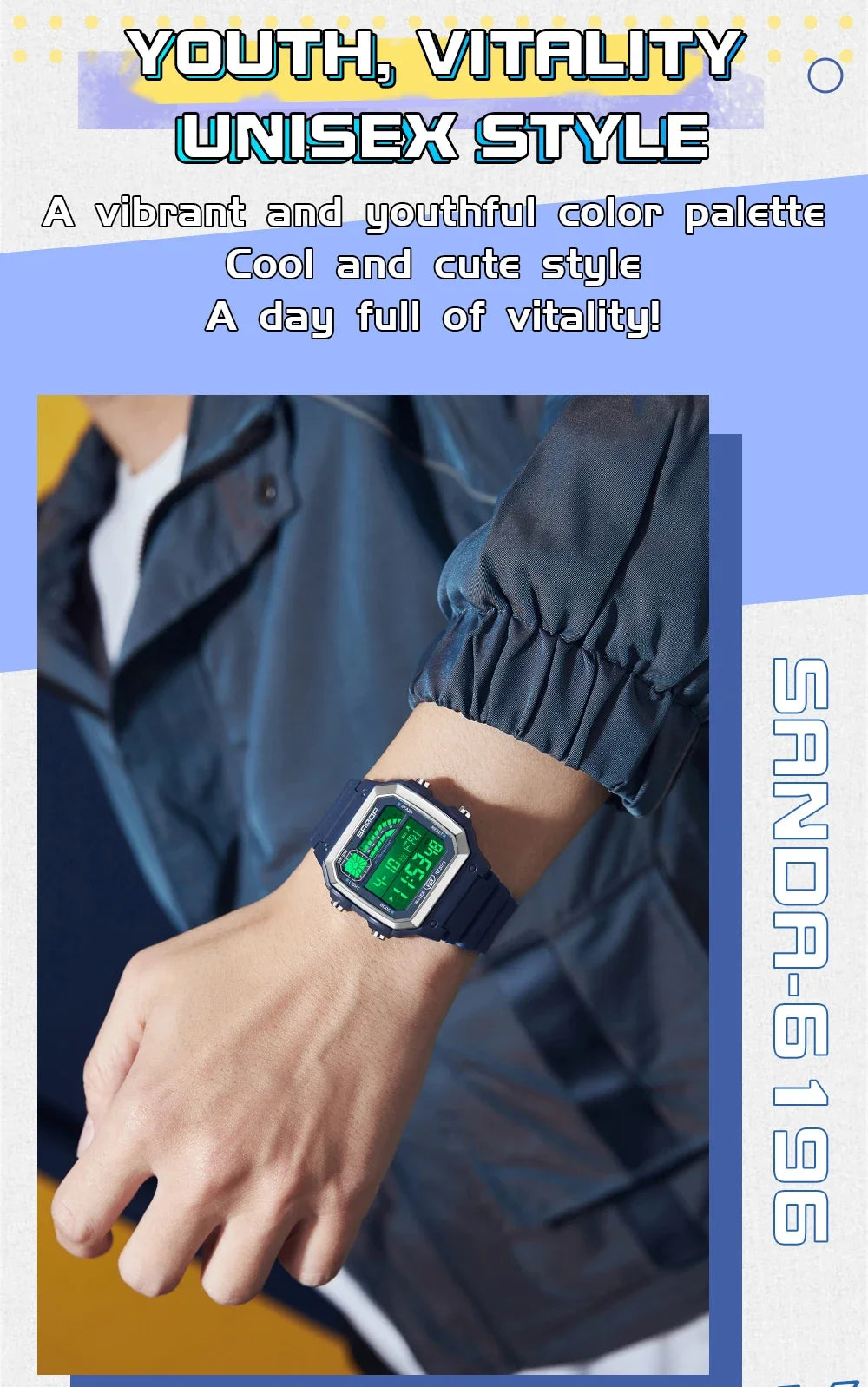 SANDA 6196 Electronic Watch Night Glow Waterproof Sports Men's Light and Thin Square Classic Male and Female Student Watch