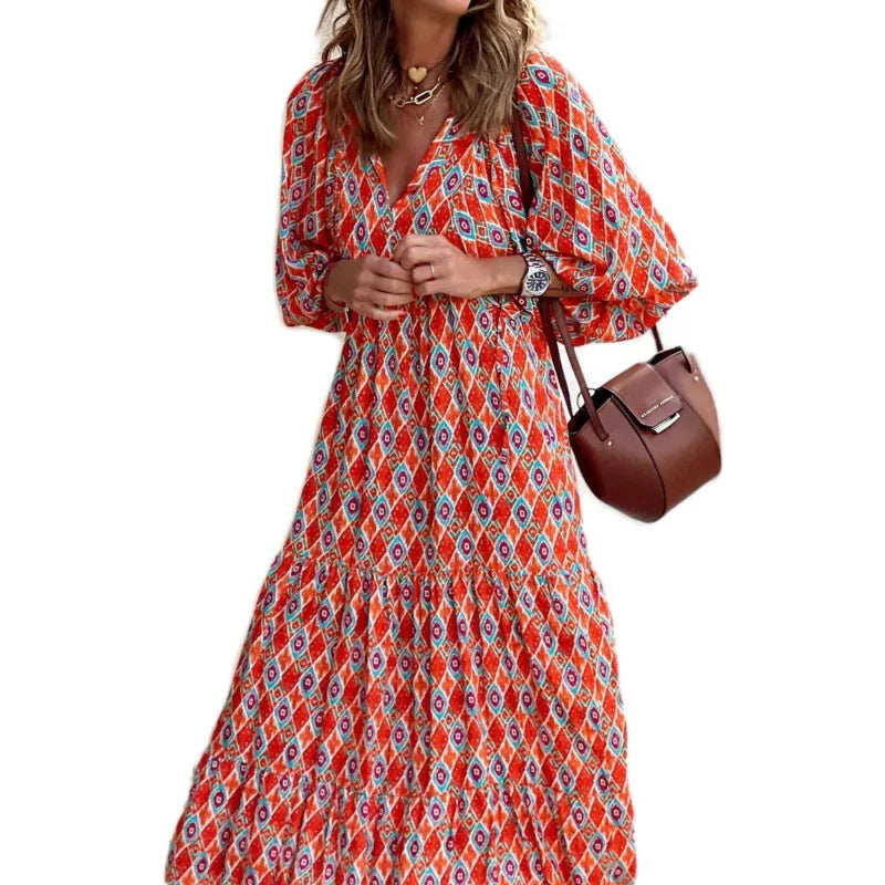 Summer Women Dresses Floral Print Ruffles Boho V-neck Puff Sleeve Casual Loose Beach Dress Half Sleeve Holiday Maxi Long Dress