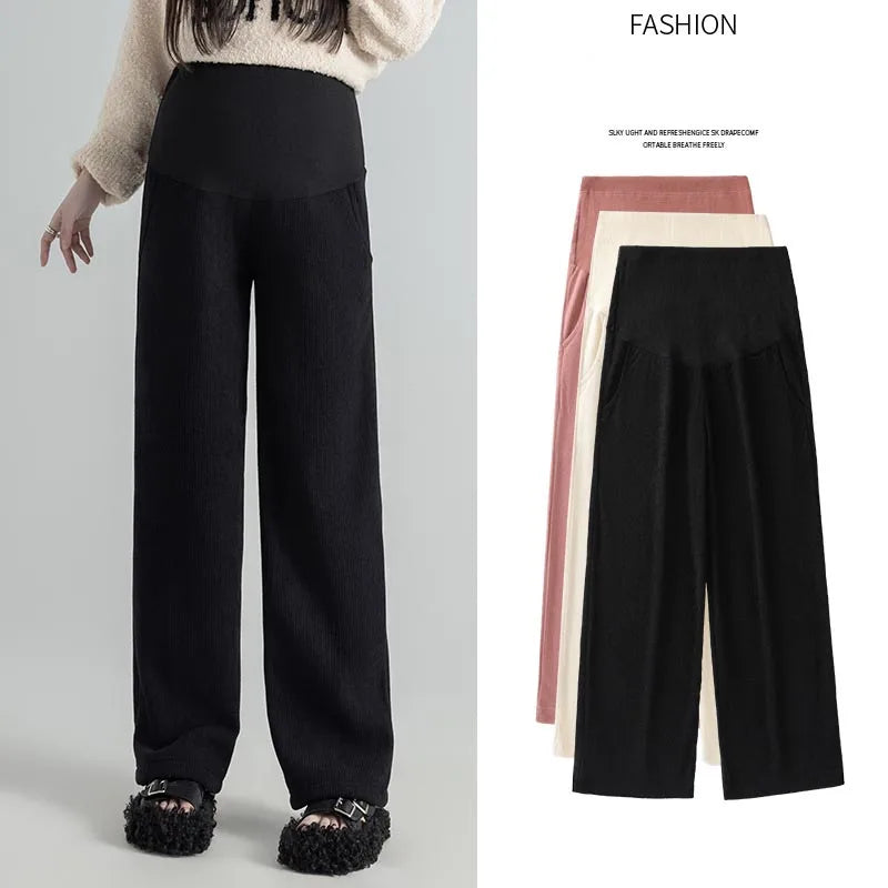 Pregnant Women Pants Autumn Winter Wear Corduroy Wide-leg Pants High-waisted Draped Casual Plus Size Lined Straight-leg Pants