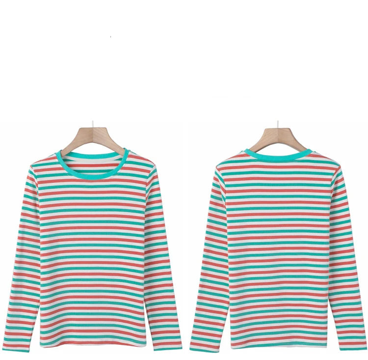 High Quality T Shirt For Women Korean Fashion Clothes Autumn Cotton Stripe Tee Shirt Femme O Neck Tops Woman Long Sleeve Tshirts