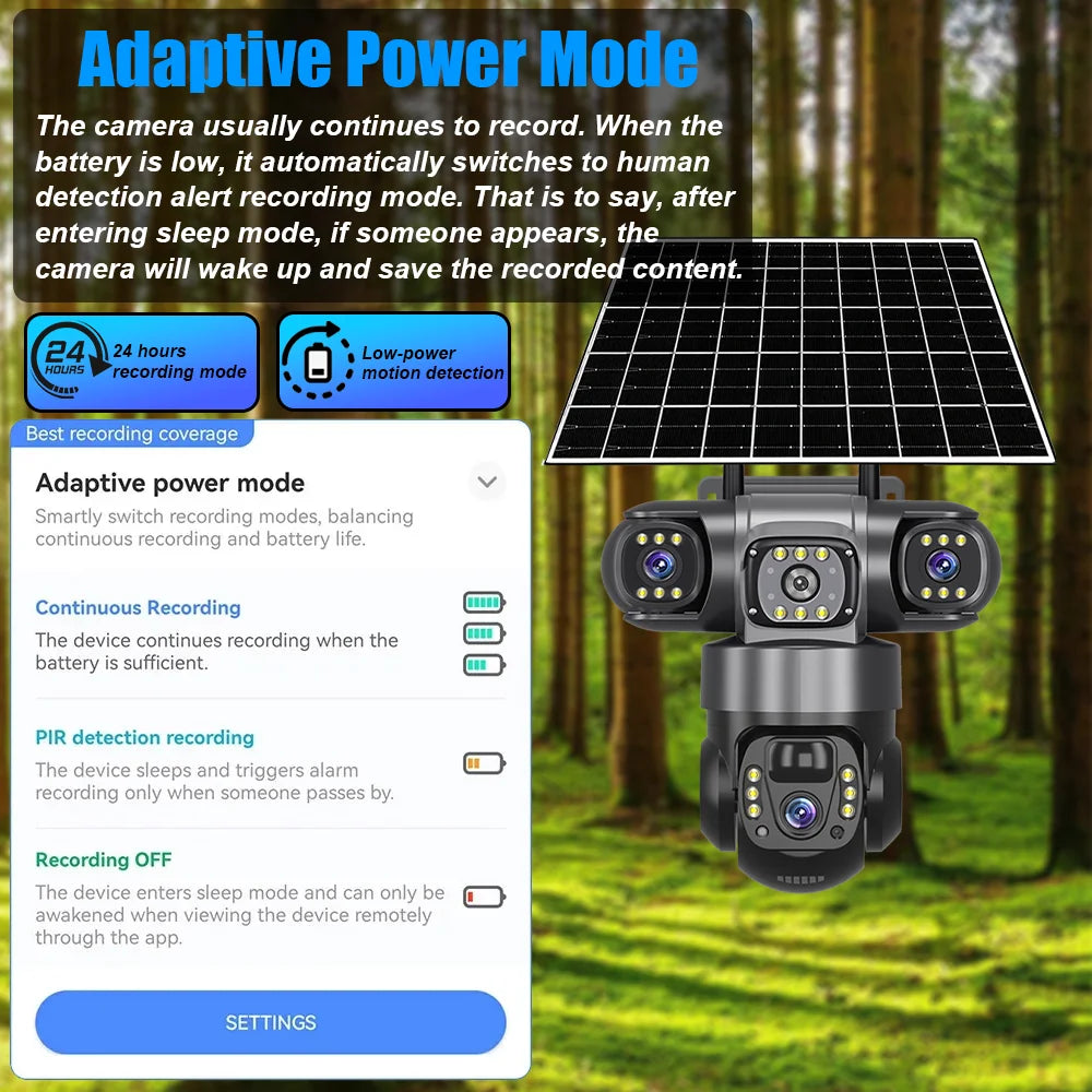 4G Solar Security Camera Outdoor Waterproof Wireless Three Lens Three screens Full Color Night Vision Motion Detection CCTV