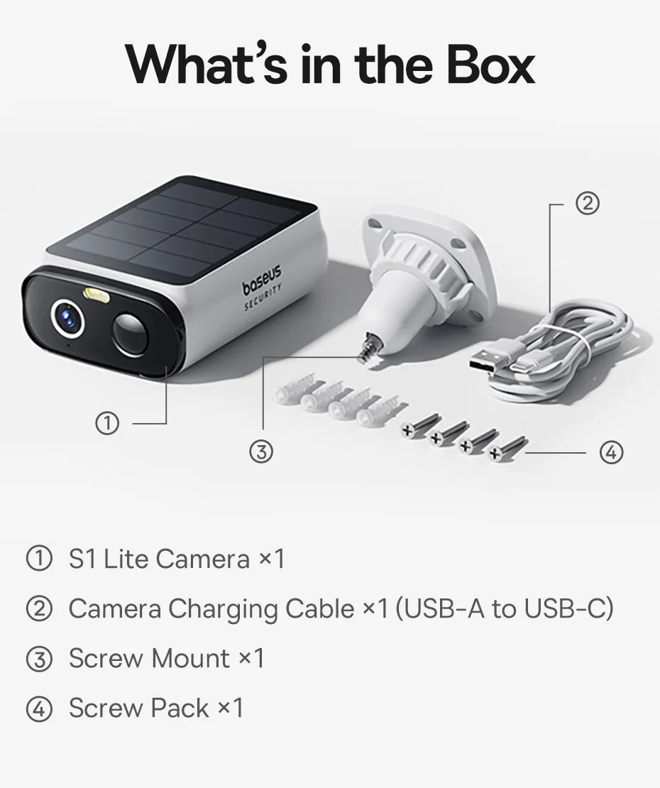 Baseus Security S1 Lite Solar Security Camera Wireless Outdoor Camera Continuous Power 2K Resolution 135°FOV IP67 Wifi Camera