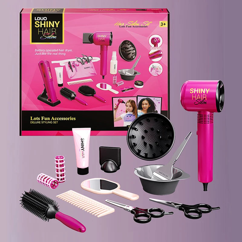Hair Styling Play Set for Girls – Hair Clips, Mirror, Comb, Hairdryer, Hair Dye Tools – Role-Playing Kit for Ages 3+