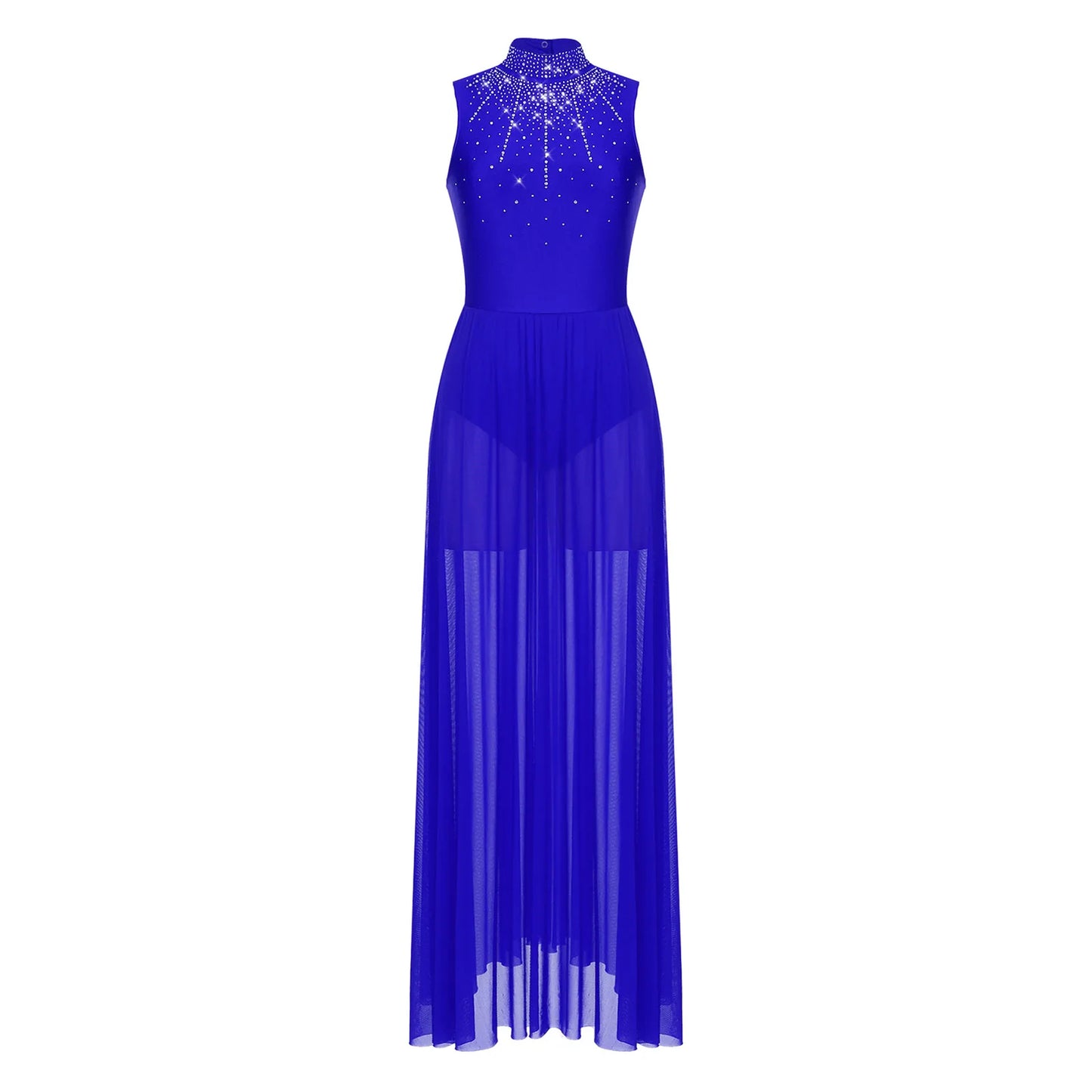 Womens Lyrical Dance Dresses Mock Neck Wide Hemline Shiny Rhinestones Maxi Dress Sleeveless Modern Contemporary Leotard Dresses