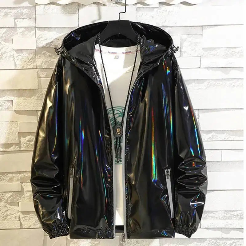 #4201 Black Sliver Shinny Jacket Men Bomber Jacket Korean Style Hip Hop Jacket Slim Men Jackets And Coats Streetwear Hooded Coat