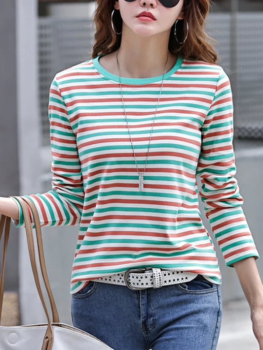 High Quality T Shirt For Women Korean Fashion Clothes Autumn Cotton Stripe Tee Shirt Femme O Neck Tops Woman Long Sleeve Tshirts