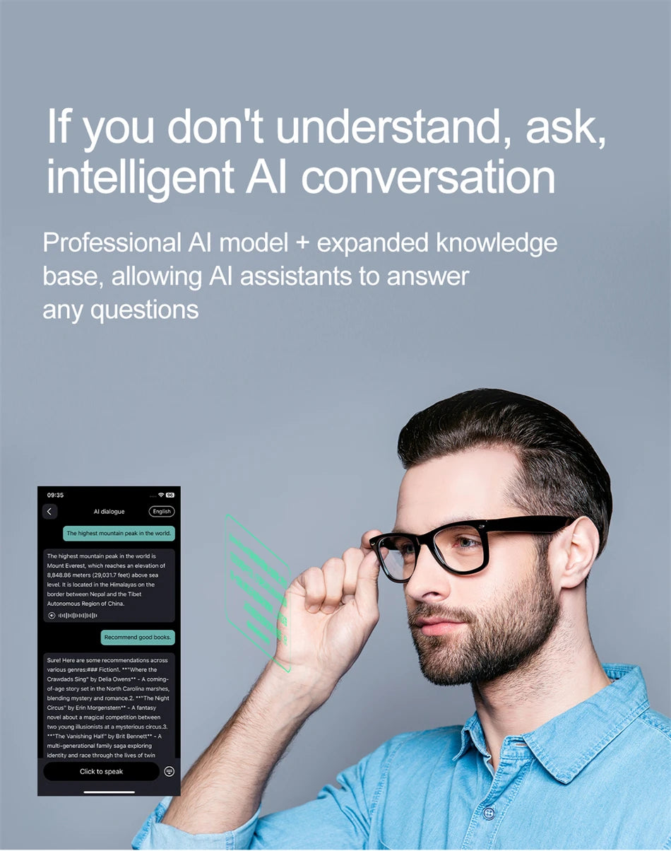 2025 New Smart Glasses Men Multiple Language Al Intelligent Translation Anti-blue Lens Wireless Call Voice Assistant Glasses Man