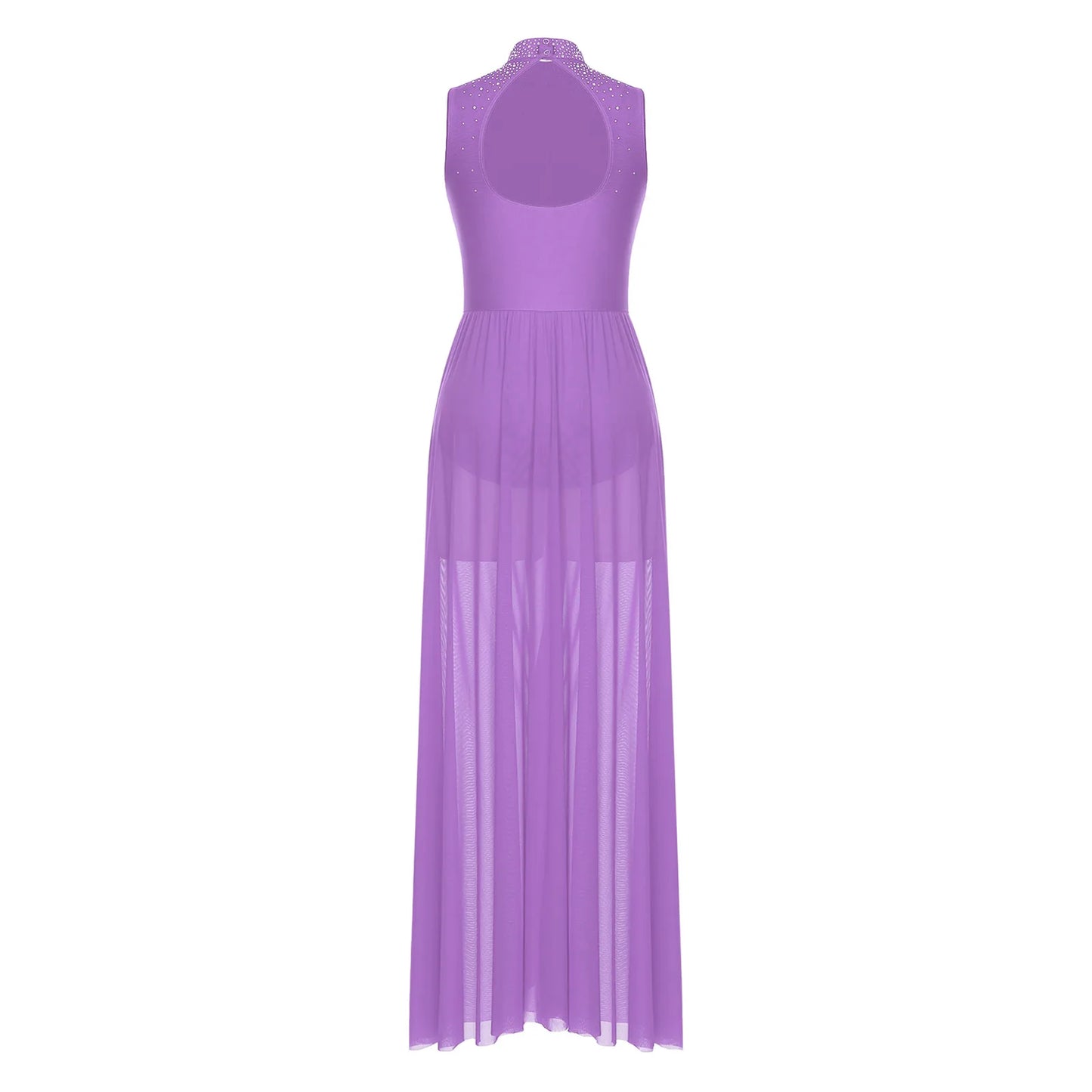 Womens Lyrical Dance Dresses Mock Neck Wide Hemline Shiny Rhinestones Maxi Dress Sleeveless Modern Contemporary Leotard Dresses