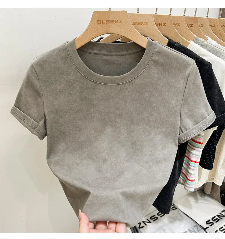 Women's Cotton T-shirt Female Summer 2025 Short Sleeve Washed Vintage Tee Harajuku Casual O-Neck Simple Slim Fit T Shirts