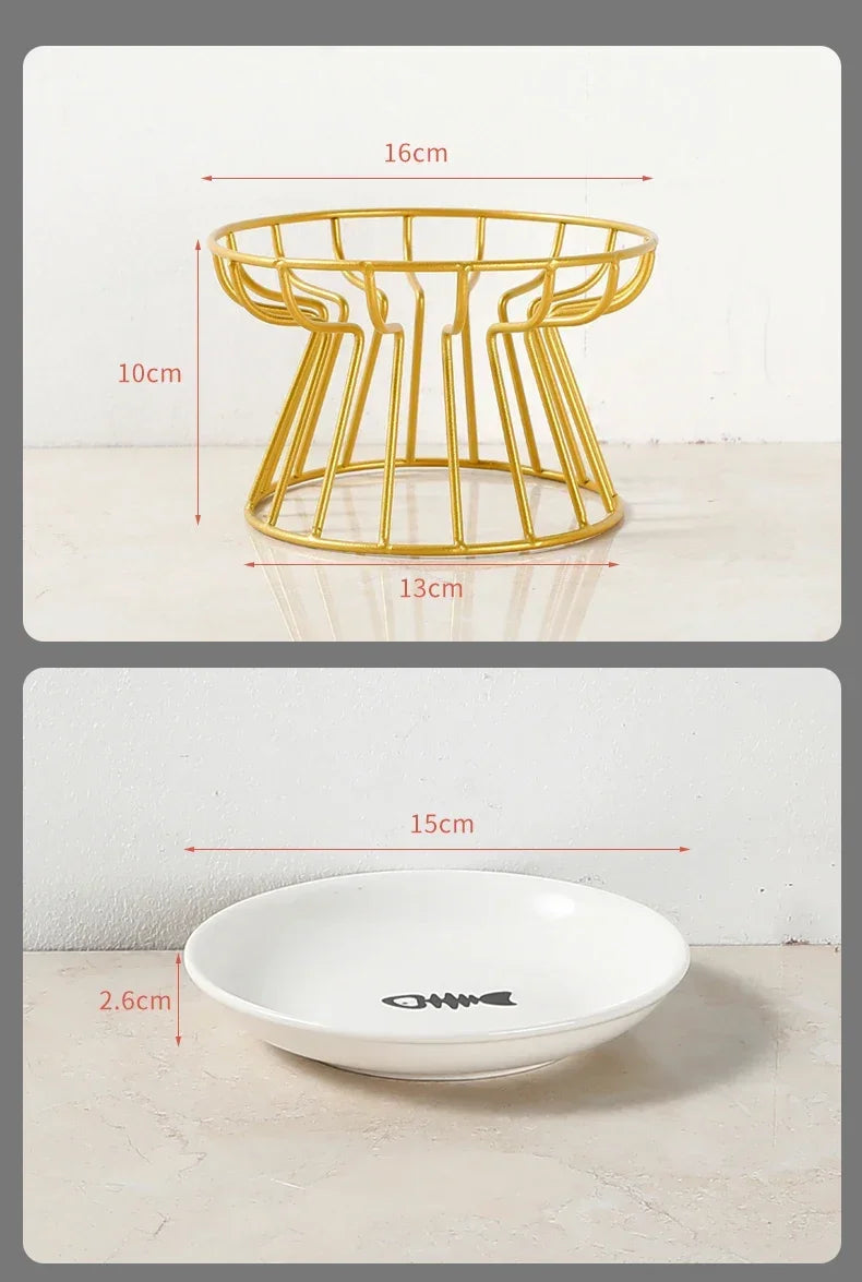Ceramic Pet Bowl Cat Food Feeding Double Dish Stainless Steel Raised Stand Kitten Dog Water Feeder Durable Pet Accessories