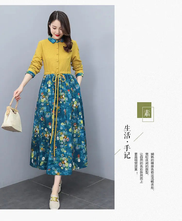 Women's Clothing Casual Printed Dresses Spring Autumn New Single-breasted Fashion Turn-down Collar Commute Drawstring Long Dress