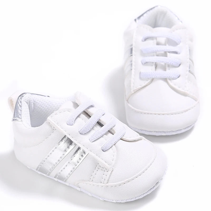 Baby Shoes Newborn Boys Sneaker Girls Two Striped First Walkers Kids Toddlers Lace Up PU Leather Soft Soles Sneakers 0-18 Months