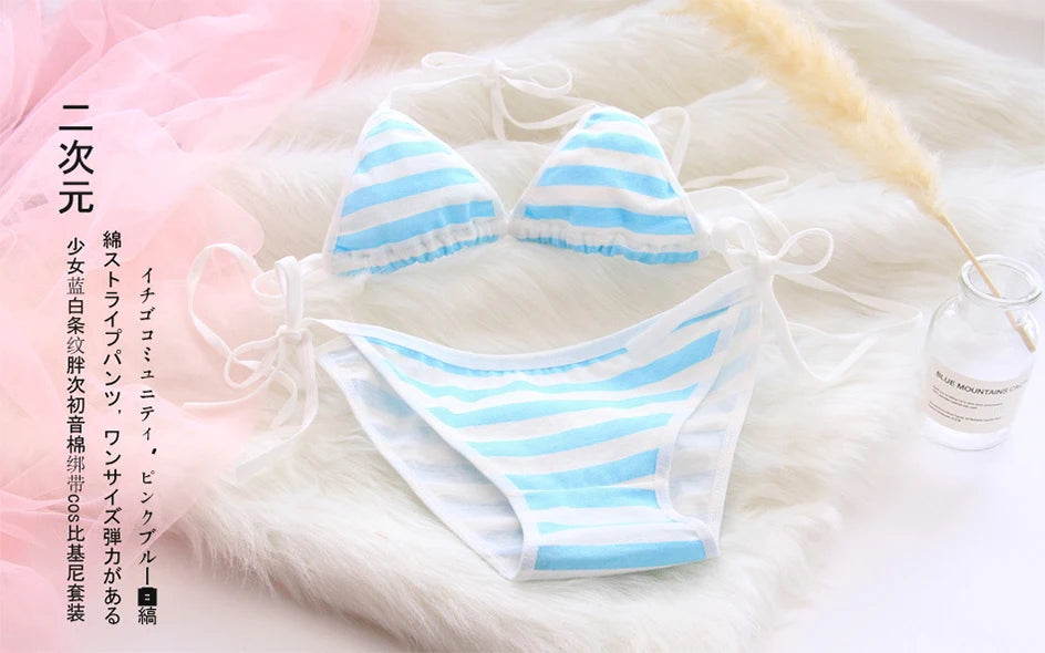 2PCS Women Bra Panties Set Sexy Lingeries Cotton Seamless Kawaii Bikini Lace-up Strap Blue White Striped Suit Female Underwear