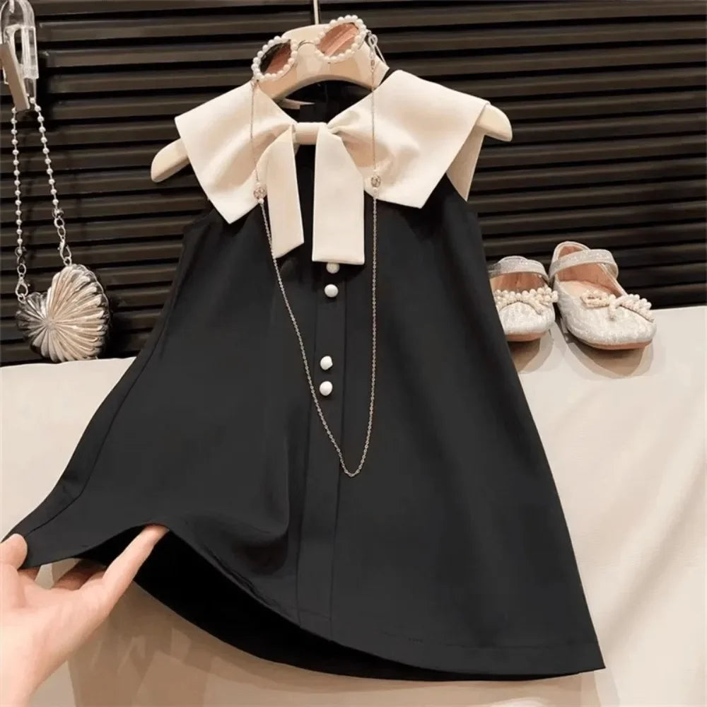 Korean Version Black Sleeveless Kids Clothes Summer New Bow Decoration Girls Dress Birthday Party Princess Dresses 2-7 Years Old