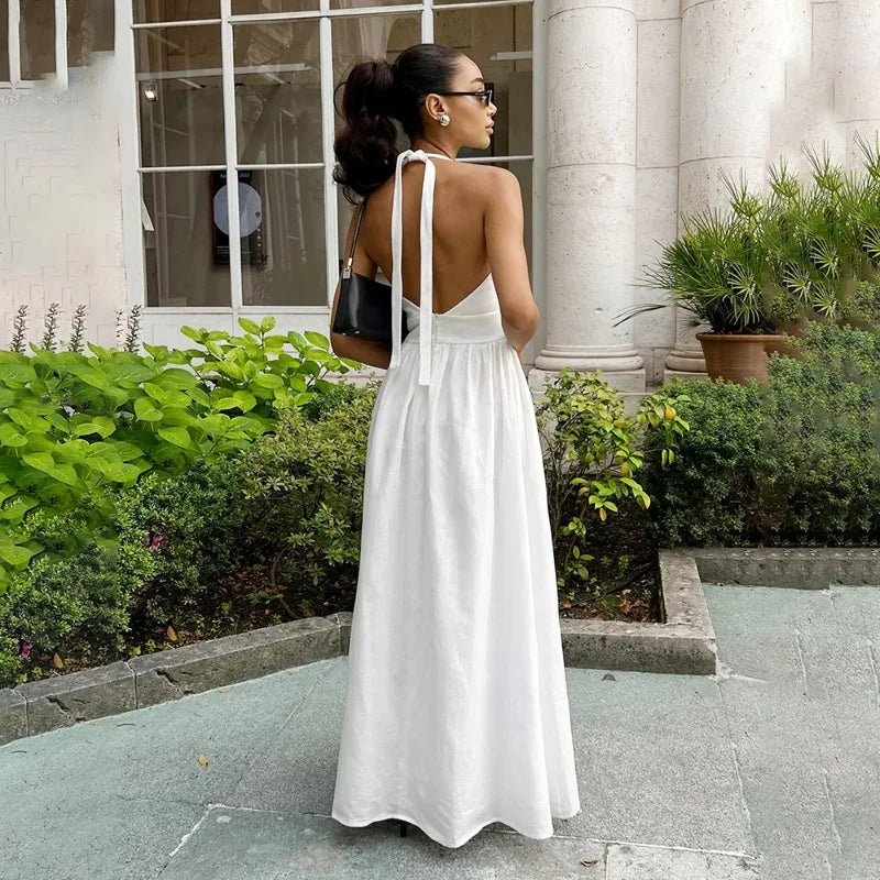 Talenza Spring V-Neck Long Dress Women White High Waist Slim Backless Lace-up Beach Holiday Dress Sleeveless Casual Female Dress