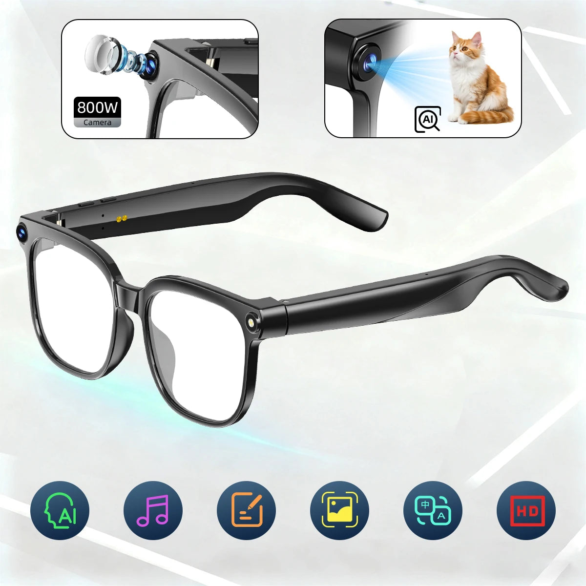 2025 800W Camera Smart Glasses  AI Translation ChatGPT Voice Assistant BT Call Music Earphones Video Recording for iPhone Xiaomi