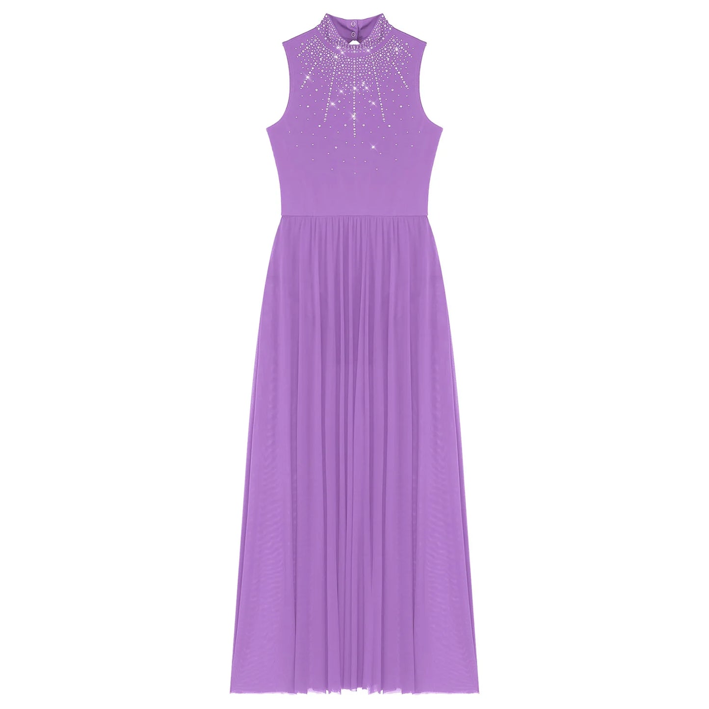 Womens Lyrical Dance Dresses Mock Neck Wide Hemline Shiny Rhinestones Maxi Dress Sleeveless Modern Contemporary Leotard Dresses