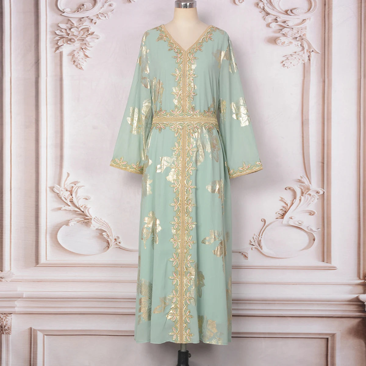 Eid Muslim Women Dress Gown Turkish Caftan Abaya Jalabiya Ramadan Party Dresses Morocco Kaftan V Neck Belt Embroidery Vestidos