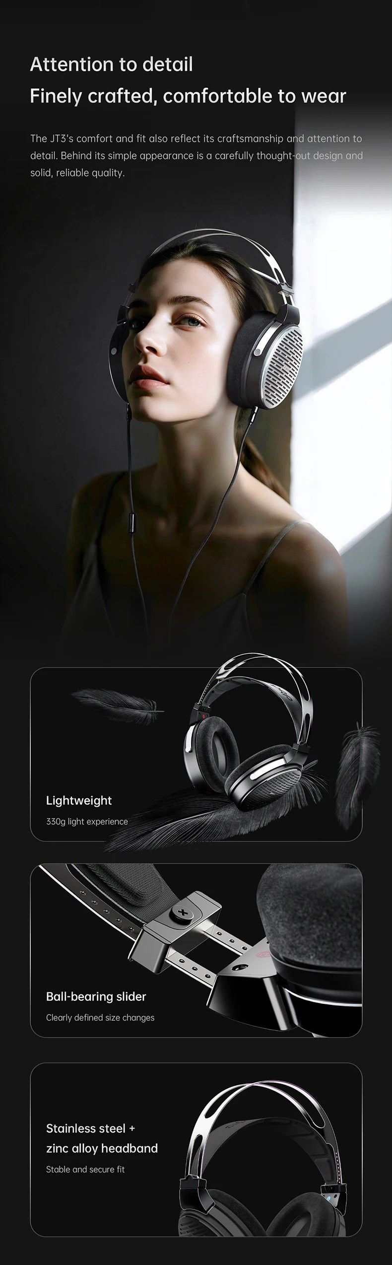 FiiO JT3 Over-Ear Open-Back Headphones, 50mm Dynamic Driver, PEK+PU Composite Diaphragm, Detachable 3.5mm Cable with Mic
